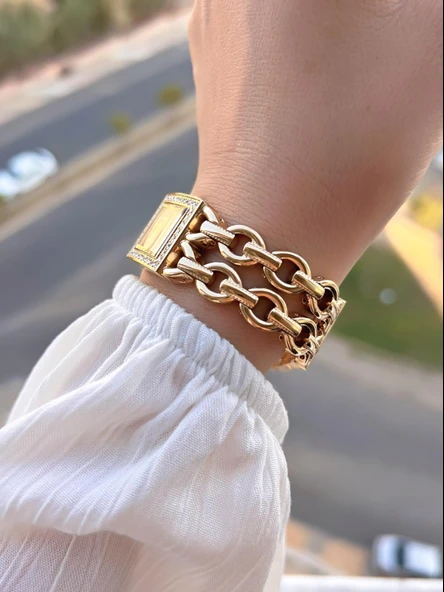 Dice Kayek Zincirli Kordon Köşeli Özel Tasarım 2 Yıl Garantili Kadın Kol Saati+Bileklik AG1383.06 - Resim 3