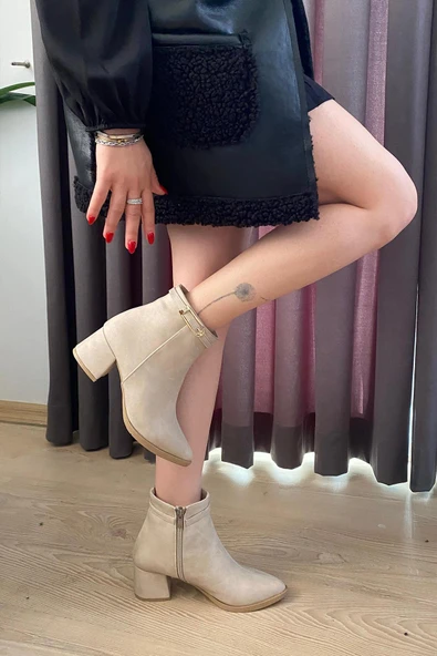 Kadın York Krem Zümrüt İnce Tokalı( 6 cm ) Topuklu Sivri Burun Bot - 5