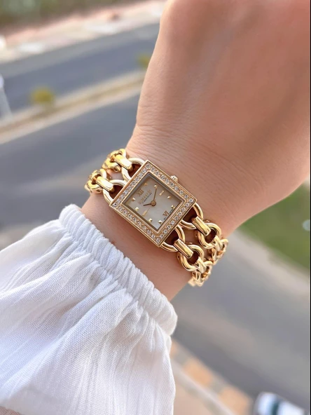 Dice Kayek Zincirli Kordon Köşeli Özel Tasarım 2 Yıl Garantili Kadın Kol Saati+Bileklik AG1383.07 - Resim 2