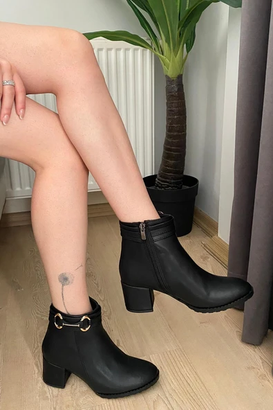 Kadın Hana Siyah Cilt Uzun Toka ( 6 cm ) Topuklu Oval Burun Bot - 5