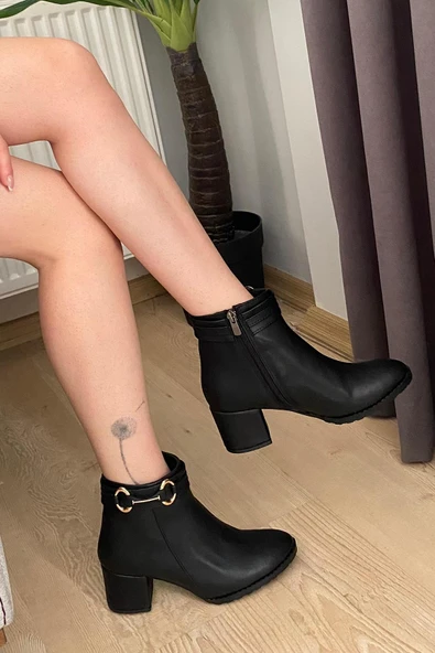 Kadın Hana Siyah Cilt Uzun Toka ( 6 cm ) Topuklu Oval Burun Bot - 3