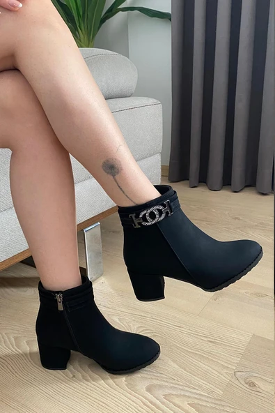 Kadın Hana Siyah Zümrür Taşlı Tokalı ( 6 cm ) Topuklu Oval Burun Bot - 2