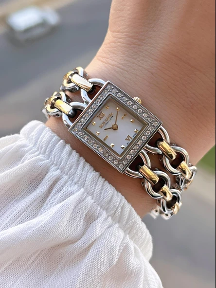 Dice Kayek Zincirli Kordon Köşeli Özel Tasarım 2 Yıl Garantili Kadın Kol Saati+Bileklik AG1383.04 ürün görseli