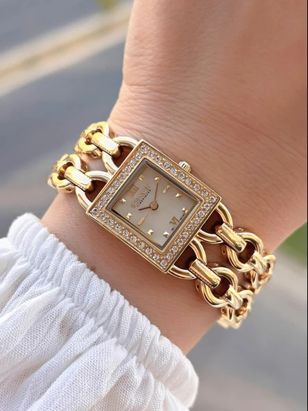 Dice Kayek Zincirli Kordon Köşeli Özel Tasarım 2 Yıl Garantili Kadın Kol Saati+Bileklik AG1383.07 ürün görseli