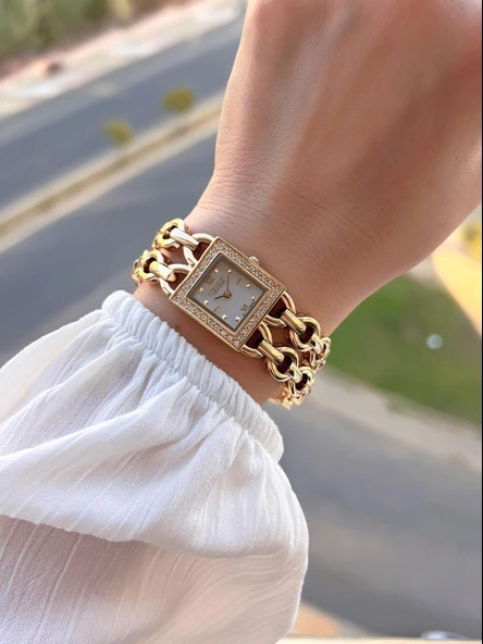 Dice Kayek Zincirli Kordon Köşeli Özel Tasarım 2 Yıl Garantili Kadın Kol Saati+Bileklik AG1383.06 - Resim 2