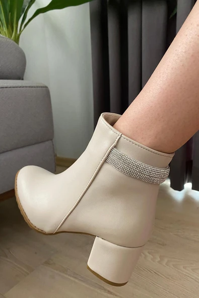 Kadın Trend Krem Arkadan Taşlı ( 6 cm ) Topuklu Oval Burun Bot - 3