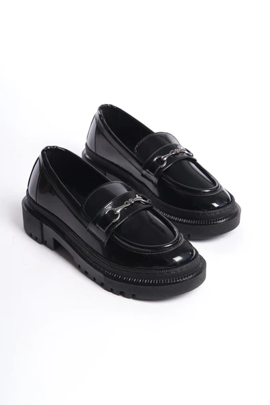 Kadın Leo Siyah Rugan Kalın Taban Loafer Makosen Ayakkabı - 4