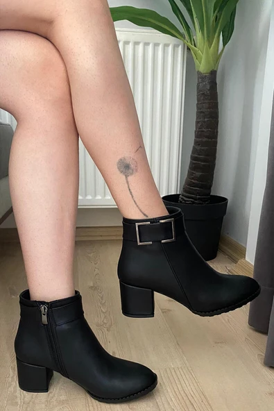 Kadın Trend Siyah Kare Tokalı ( 6 cm ) Topuklu Oval Burun Bot - 3