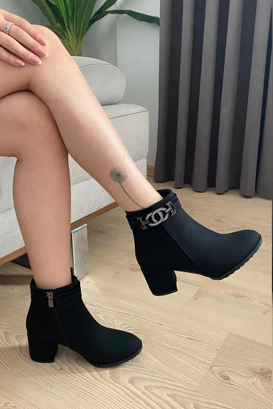 Kadın Hana Siyah Zümrür Taşlı Tokalı ( 6 cm ) Topuklu Oval Burun Bot - 3