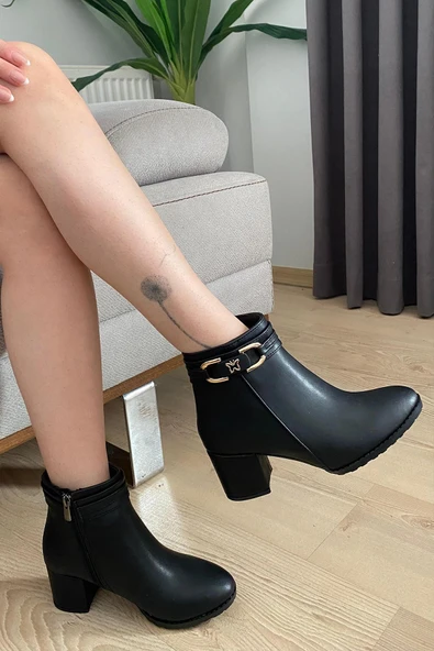 Kadın Hana Siyah Cilt Kelebek Tokalı ( 6 cm ) Topuklu Oval Burun Bot ürün görseli