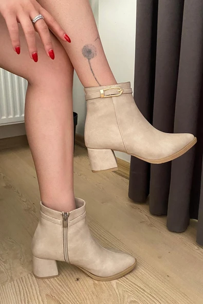 Kadın York Krem Zümrüt İnce Tokalı( 6 cm ) Topuklu Sivri Burun Bot - 2