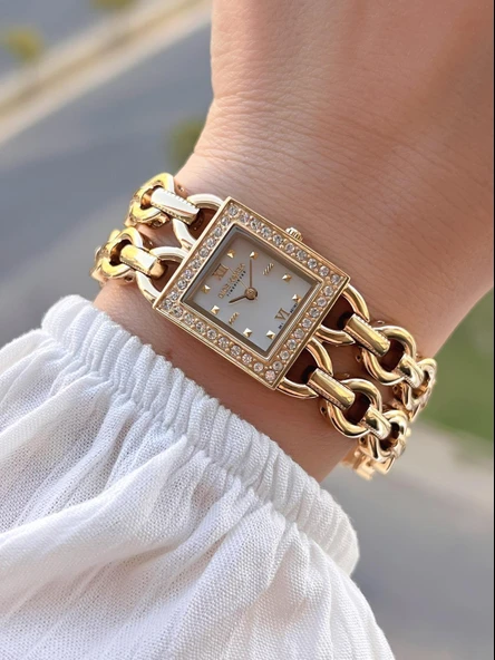 Dice Kayek Zincirli Kordon Köşeli Özel Tasarım 2 Yıl Garantili Kadın Kol Saati+Bileklik AG1383.06 ürün görseli