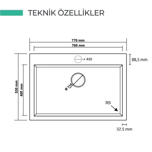 REAL STONE K003 DIDYMA 58 GRANİT EVİYE SİYAH 76.5 x 50 Cm Tezgah Üstü - Resim 3
