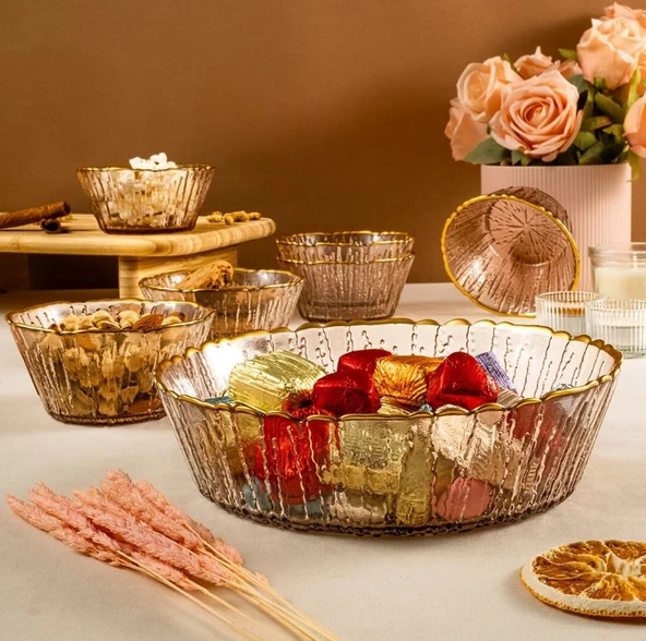 Fecra Fladen 7 Parça Kase Seti Kahve Gold Fileli - 4