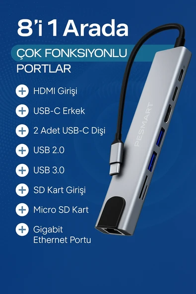 Macbook Pro Air İçin USB Type-C Hub Dönüştürücü 8 in 1 Çoklayıcı - 2