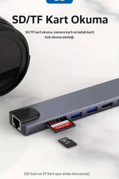 Macbook Pro Air İçin USB Type-C Hub Dönüştürücü 8 in 1 Çoklayıcı - 6