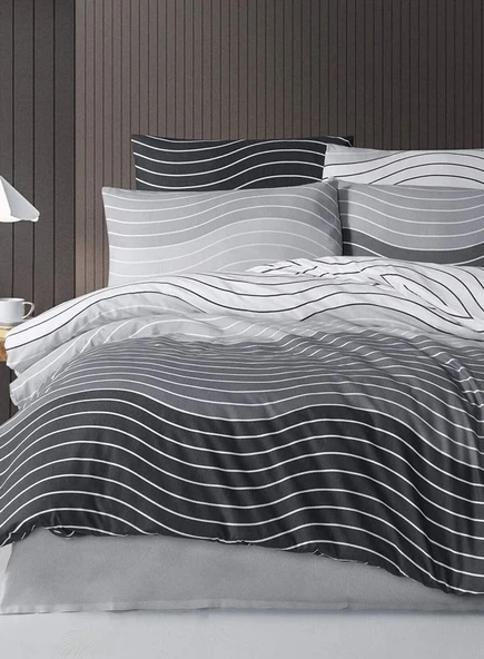The Ecosse Çarşafı Lastikli Çift Kişilik Nevresim Takımı-Wave Gri