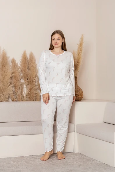 Uzun Kollu Büyük Beden Kadın Pijama Takımı- Çiçek Desenli Pijama - Pinterest Basic Kadın  Pijama - Resim 5