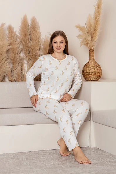 Uzun Kollu Büyük Beden Kadın Pijama Takımı- Çiçek Desenli Pijama - Pinterest Basic Kadın  Pijama - Resim 4