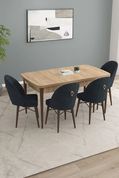 Calvin Meşe Desen 80x132 Açılabilir Mdf Masa Yemek Odası Takımı, Mutfak Takımı 4 Adet Sandalye Antrasit