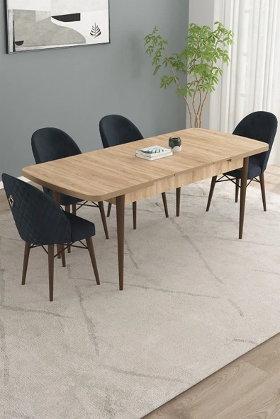 Calvin Meşe Desen 80x132 Açılabilir Mdf Masa Yemek Odası Takımı, Mutfak Takımı 4 Adet Sandalye Antrasit - 2