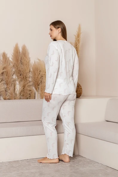 Uzun Kollu Büyük Beden Kadın Pijama Takımı- Çiçek Desenli Pijama - Pinterest Basic Kadın  Pijama - Resim 6