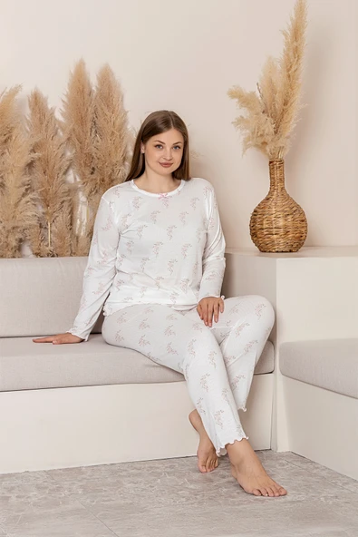 Uzun Kollu Büyük Beden Kadın Pijama Takımı- Çiçek Desenli Pijama - Pinterest Basic Kadın  Pijama - Resim 7