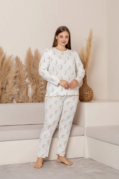 Uzun Kollu Büyük Beden Kadın Pijama Takımı- Çiçek Desenli Pijama - Pinterest Basic Kadın  Pijama - Resim 2