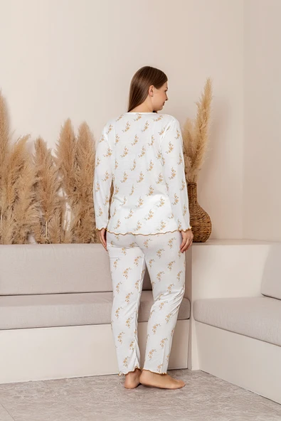 Uzun Kollu Büyük Beden Kadın Pijama Takımı- Çiçek Desenli Pijama - Pinterest Basic Kadın  Pijama - Resim 3