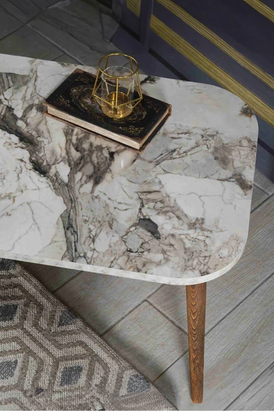 Devin Dekor Mobilya Orta Sehpa Kare Ahşap Torna Ayak Efes-mermer Desenli - 2