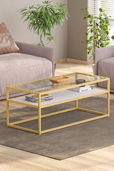 TOLIAHOME Modern Beyaz Gold Renk Metal Iskeletli Temper Camlı 2 Katlı Dikdörtgen Orta Sehpa - 2