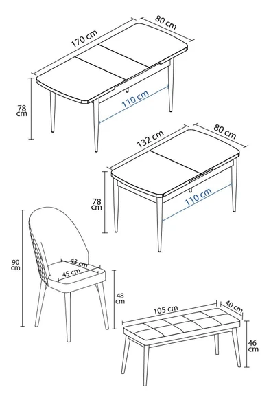 Milas Atlantik Çam 80x132 Açılabilir Mdf Masa Yemek Odası Takımı, Mutfak Takımı 4 Sandalye, 1 Bench Krem - 4