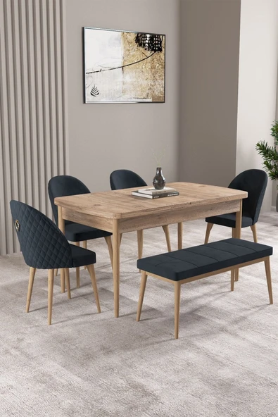 Milas Atlantik Çam 80x132 Açılabilir Mdf Masa Yemek Odası Takımı, Mutfak Takımı 4 Sandalye, 1 Bench Antrasit