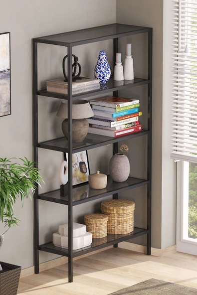 TOLIAHOME Modern 5 Katlı Siyah Renk Metal İskeletli Füme Cam Raflı Aksesuar Rafı Kitaplık - 2