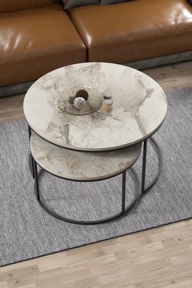 Devin Dekor Mobilya Devin Dekor Orta Sehpa Ikili Lüx Specıal Efes-Mermer Desenli-Siyah Demir - Resim 5