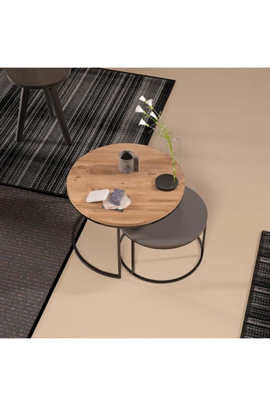 Devin Dekor Mobilya Devin Dekor Orta Sehpa Ikili Lüx Specıal Antrasit Gri - Ceviz - 2