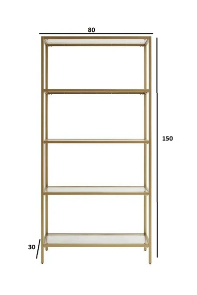 TOLIAHOME Modern 5 Katlı Gold Renk Metal İskeletli Cam Raflı Aksesuar Rafı Kitaplık - 4