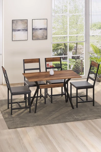 TOLIAHOME Ventora Yemek Masası Ceviz Renk Metal Ayaklı Mutfak Masası Yemek Masası Masa - 4