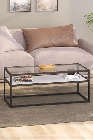 TOLIAHOME Modern Beyaz-Siyah Renk Metal İskeletli Temper Camlı 2 Katlı Dikdörtgen Orta Sehpa