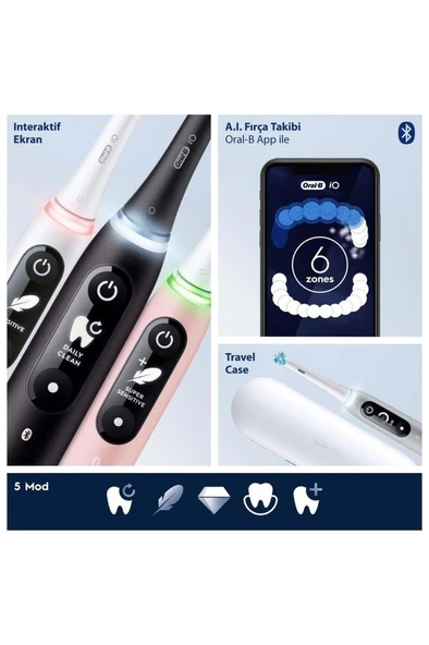 Oral-B iO6 Siyah Şarjlı Diş Fırçası – Yapay Zeka Destekli, Akıllı Temizlik, 5 Mod, Etkileşimli Ekran - Resim 3