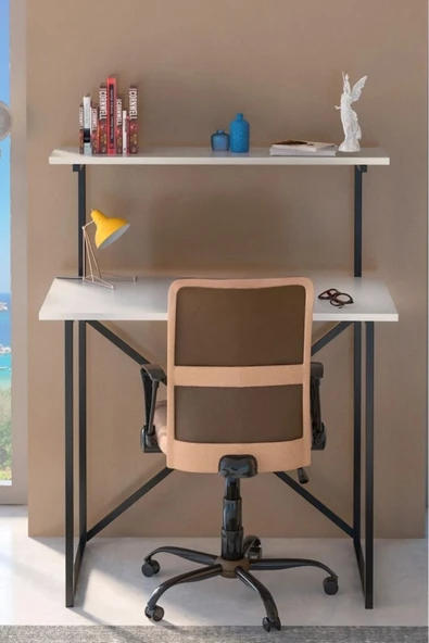 Devin Dekor Mobilya Çalışma Masası Raf Kitaplık Çok Amaçlı Ofis Masa Beyaz - 2