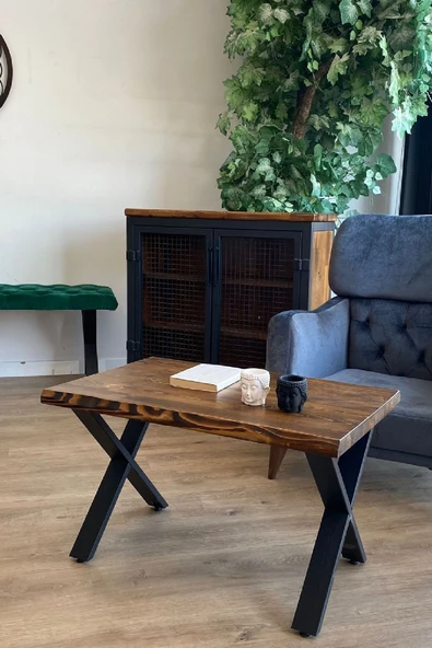 TOLIAHOME Masif Ahşap Ceviz Renk Natürel Sehpa Doğal Metal Ayaklı Orta Sehpa - Resim 3