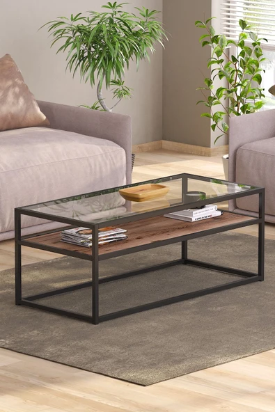 TOLIAHOME Modern Ceviz Siyah Renk Metal Iskeletli Temper Camlı 2 Katlı Dikdörtgen Orta Sehpa - 2