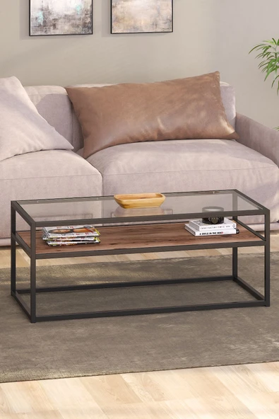 TOLIAHOME Modern Ceviz Siyah Renk Metal Iskeletli Temper Camlı 2 Katlı Dikdörtgen Orta Sehpa