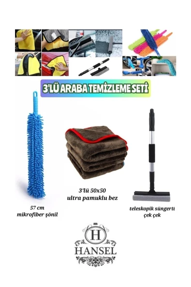 3'lü Araba Temizleme Seti Mikrofiber Şönil - 3'lü 50x50 Ultra Pamuklu Bez- Teleskopik Çek Çek
