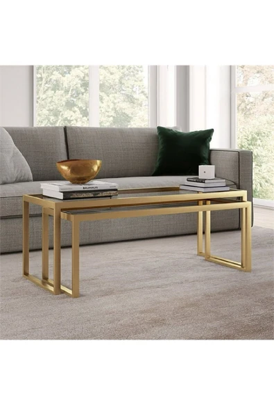TOLIAHOME Modern Gold Renk 2’li Metal İskeletli Temper Camlı Zigon Orta Sehpa - 2