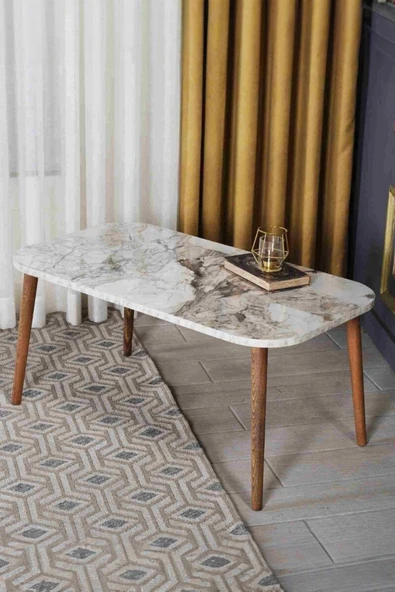 Devin Dekor Mobilya Orta Sehpa Kare Ahşap Torna Ayak Efes-mermer Desenli