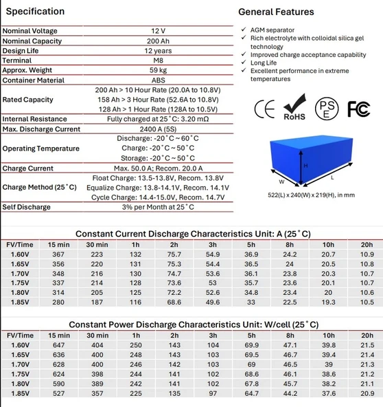 Mullinix 12V 200Ah Derin Döngülü AGM Jel Akü - Resim 3