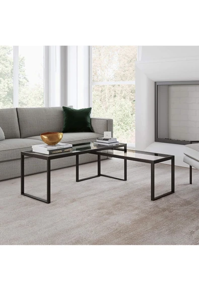 TOLIAHOME Modern Siyah Renk 2’li Metal İskeletli Temper Camlı Zigon Orta Sehpa - 4