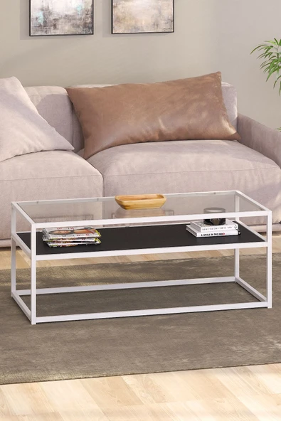 TOLIAHOME Modern Siyah-Beyaz Renk Metal İskeletli Temper Camlı 2 Katlı Dikdörtgen Orta Sehpa